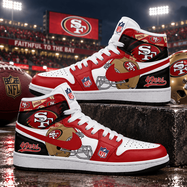 San Francisco 49ers Red Gold Football Pride AJ1 High Top Shoes for Football Fans