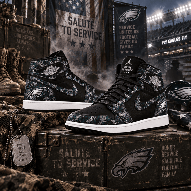 Philadelphia Eagles 2026 Salute to Service Black Camo AJ1 High Top Shoes