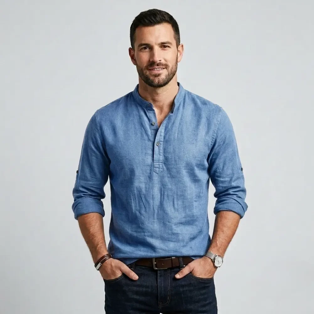 Men's cotton linen henley shirt long sleeve in denim blue front view
