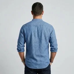 Back view of men's denim blue casual linen cotton long sleeve shirt