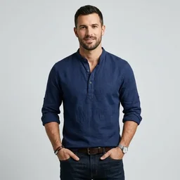 Front view of men's navy blue casual linen cotton long sleeve shirt