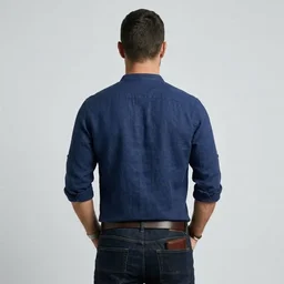 Back profile of men's navy blue linen collarless shirt