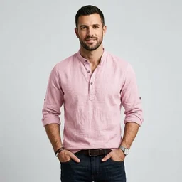 Front view of men's pink mauve linen cotton t shirt casual style