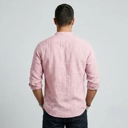 Back profile of men's pink mauve cotton linen henley shirt