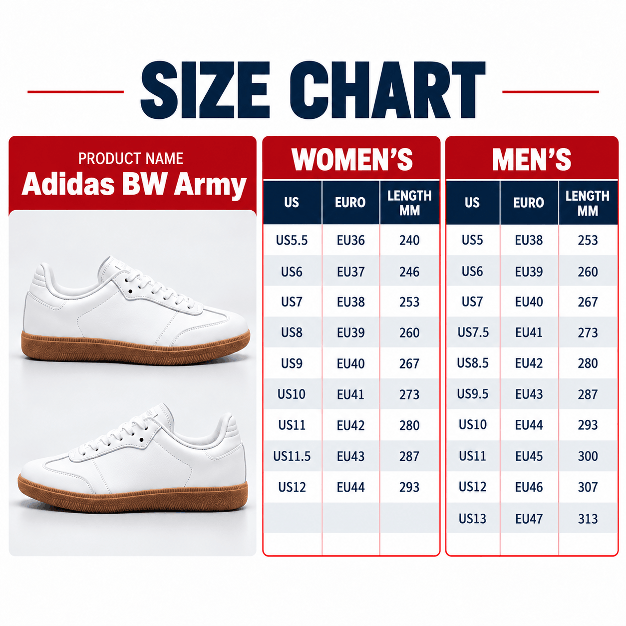 BW Army sneaker size chart