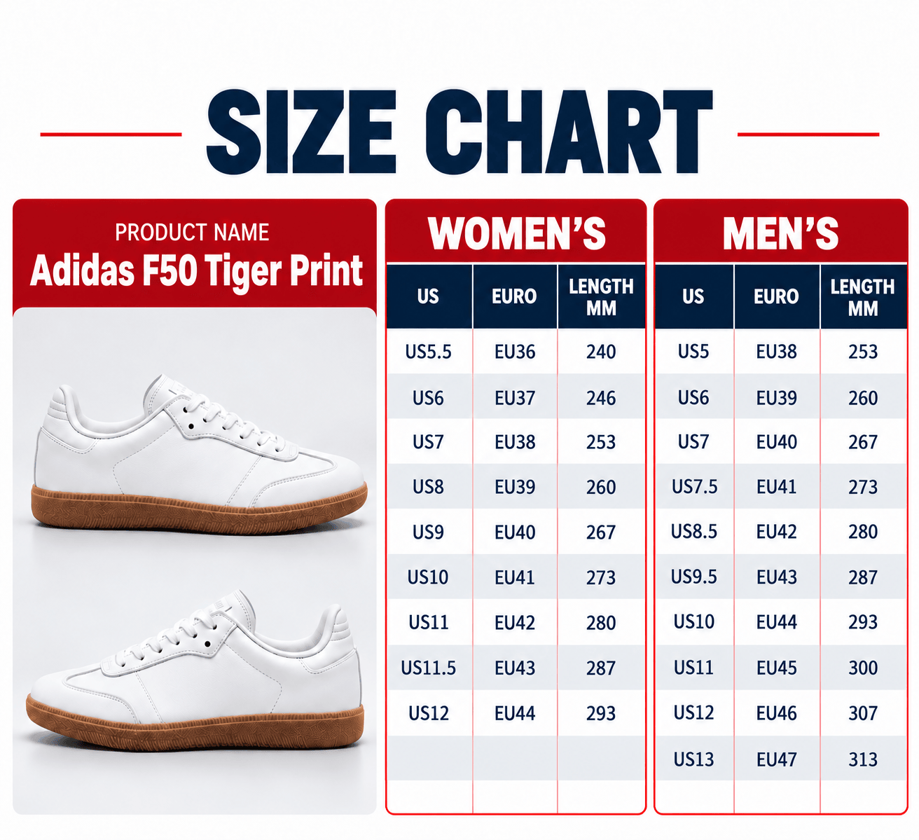 F50 Tiger sneaker size chart
