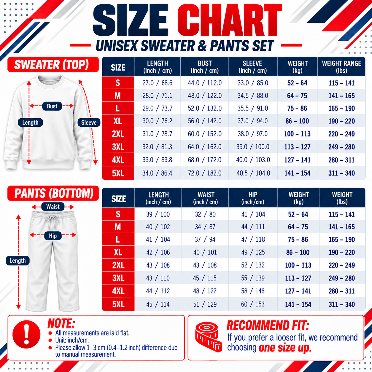 Sweatshirt and sweatpants size chart