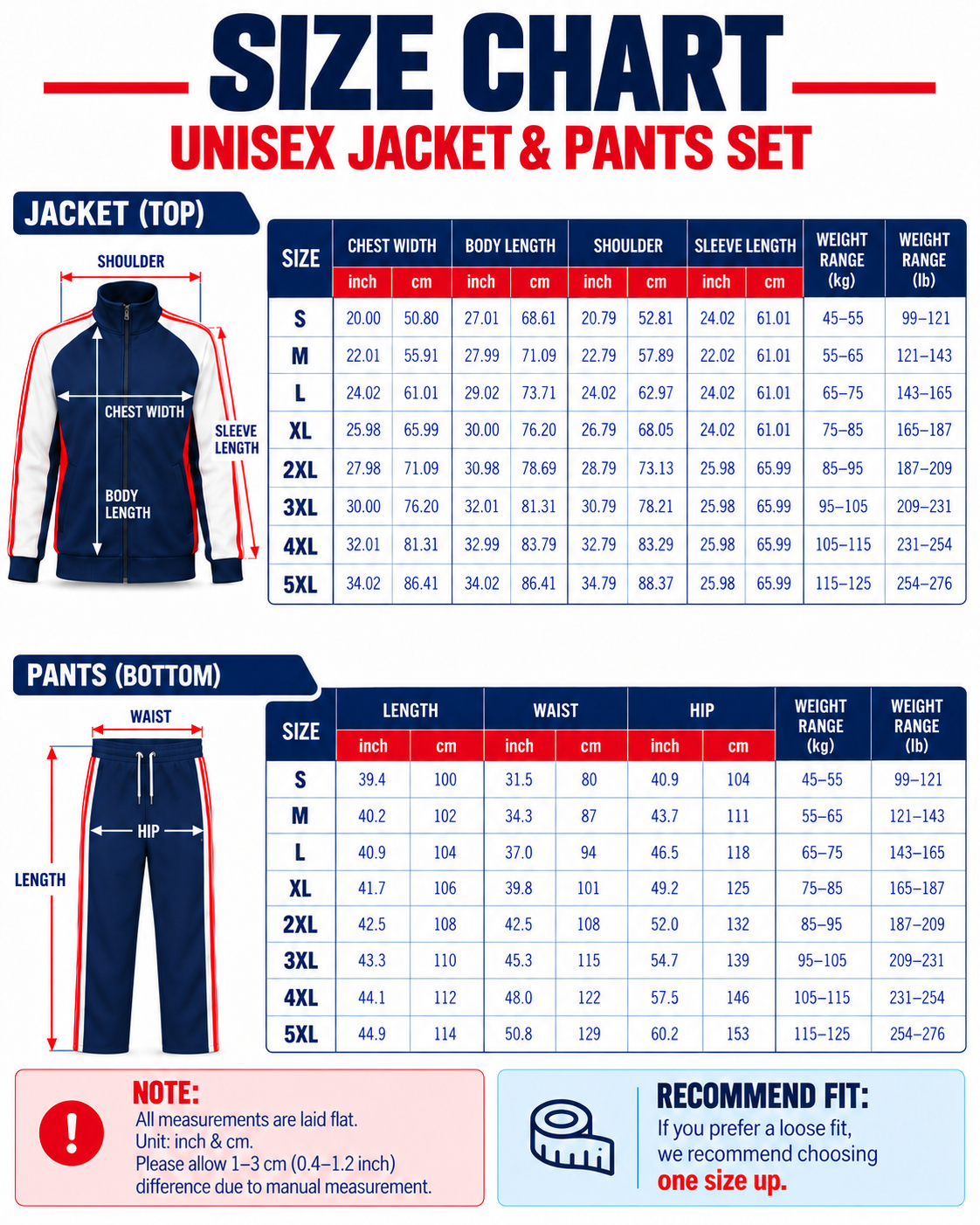Tracksuit size chart