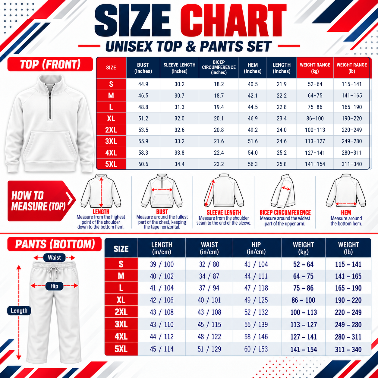 Quarter-zip jacket and wide-leg pants size chart