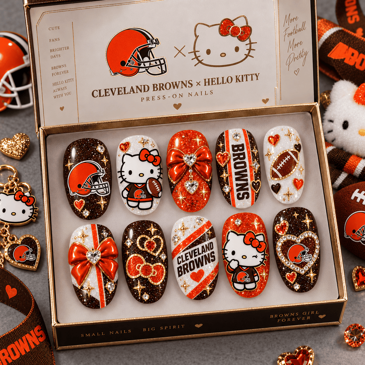 Cleveland Browns | Premium NFL Hello Kitty Bow Glam Press-On Nails Football Fan Gift NDN image 1