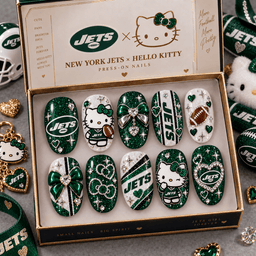 New York Jets | Premium NFL Hello Kitty Bow Glam Press-On Nails Football Fan Gift NDN image 1
