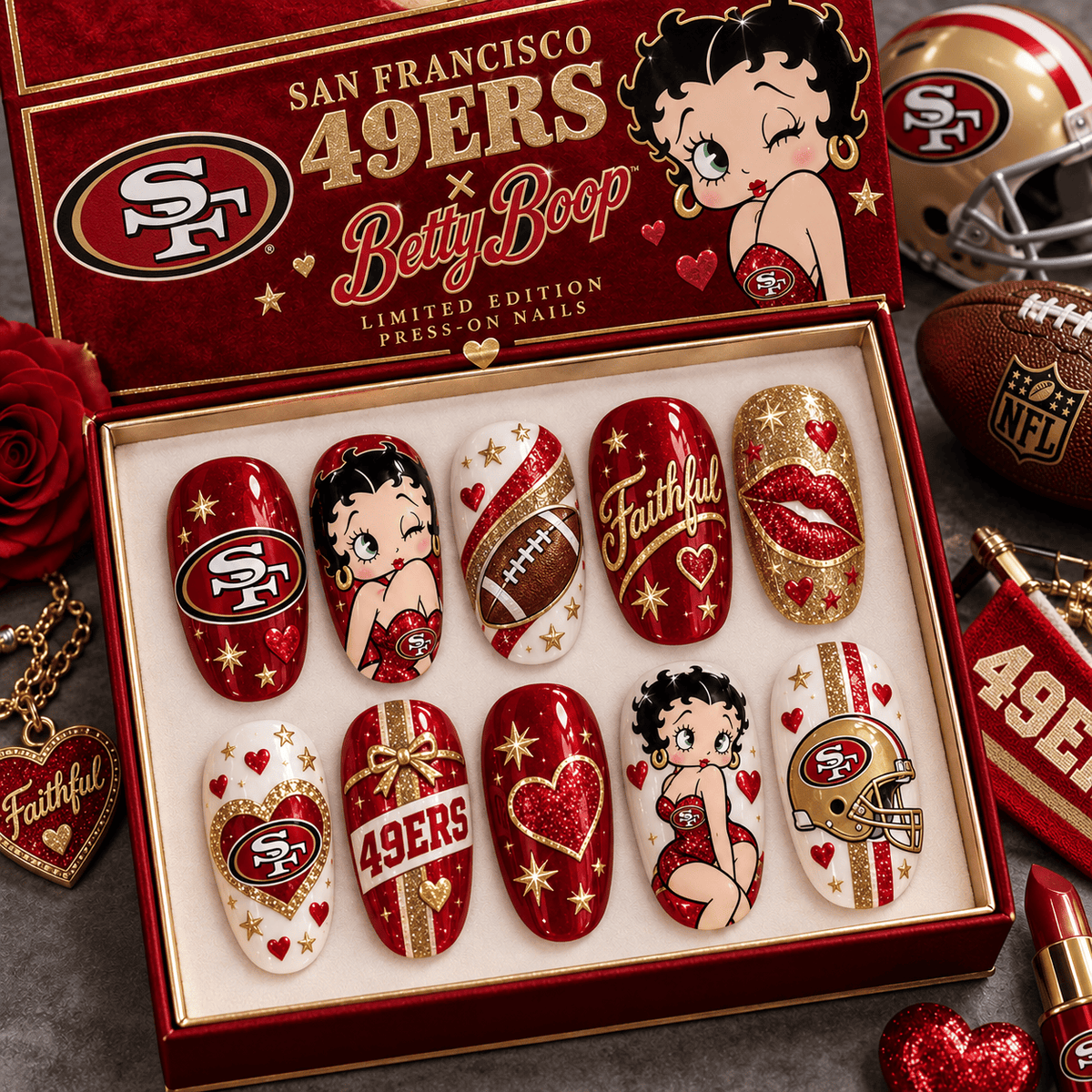 San Francisco 49ers | Premium NFL Betty Boop Glam Press-On Nails Football Fan Gift NDN image 1