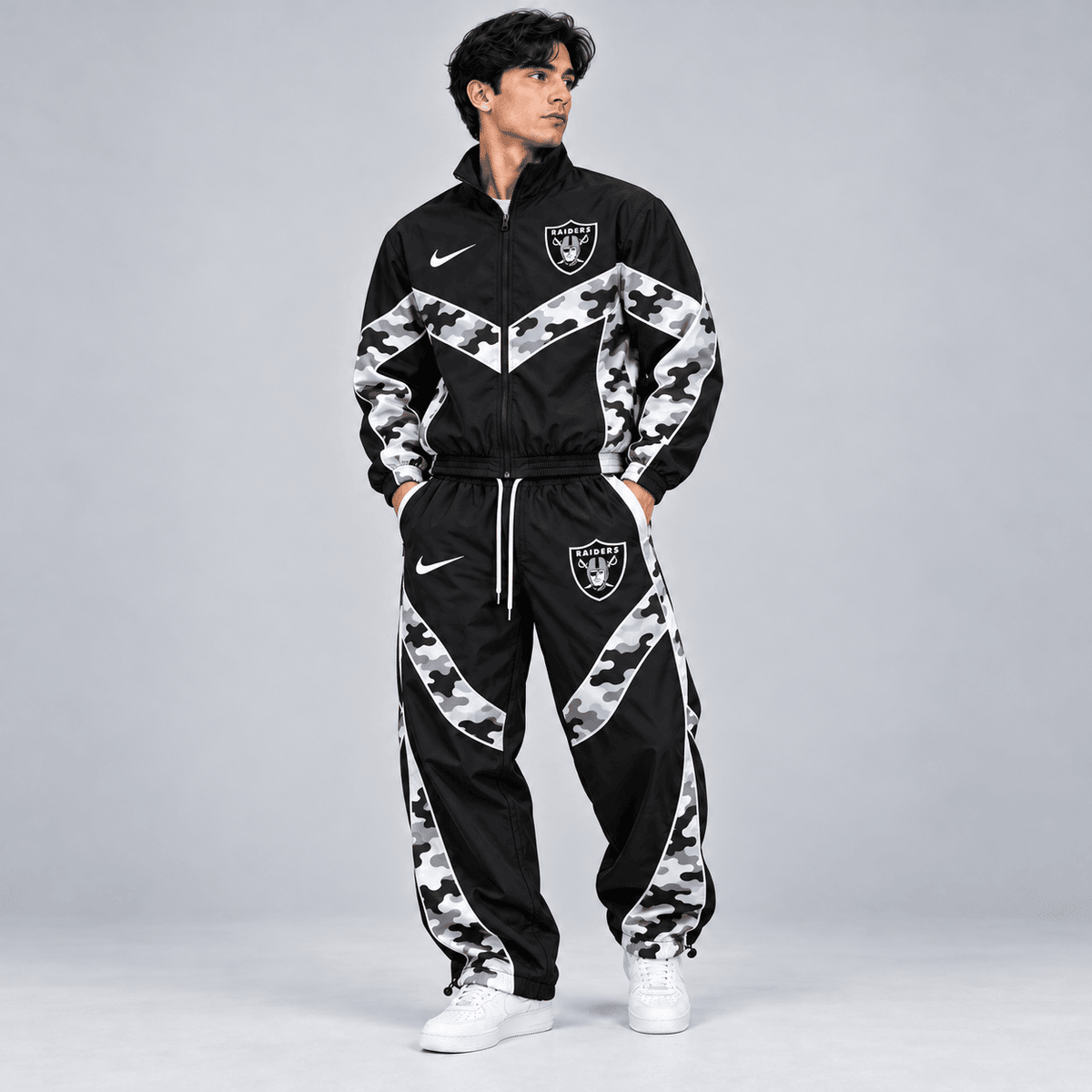 Las Vegas Raiders | Premium NFL Team Camo Colorblock Full Zip Tracksuit Jacket & Jogger Pants Set NDN cover