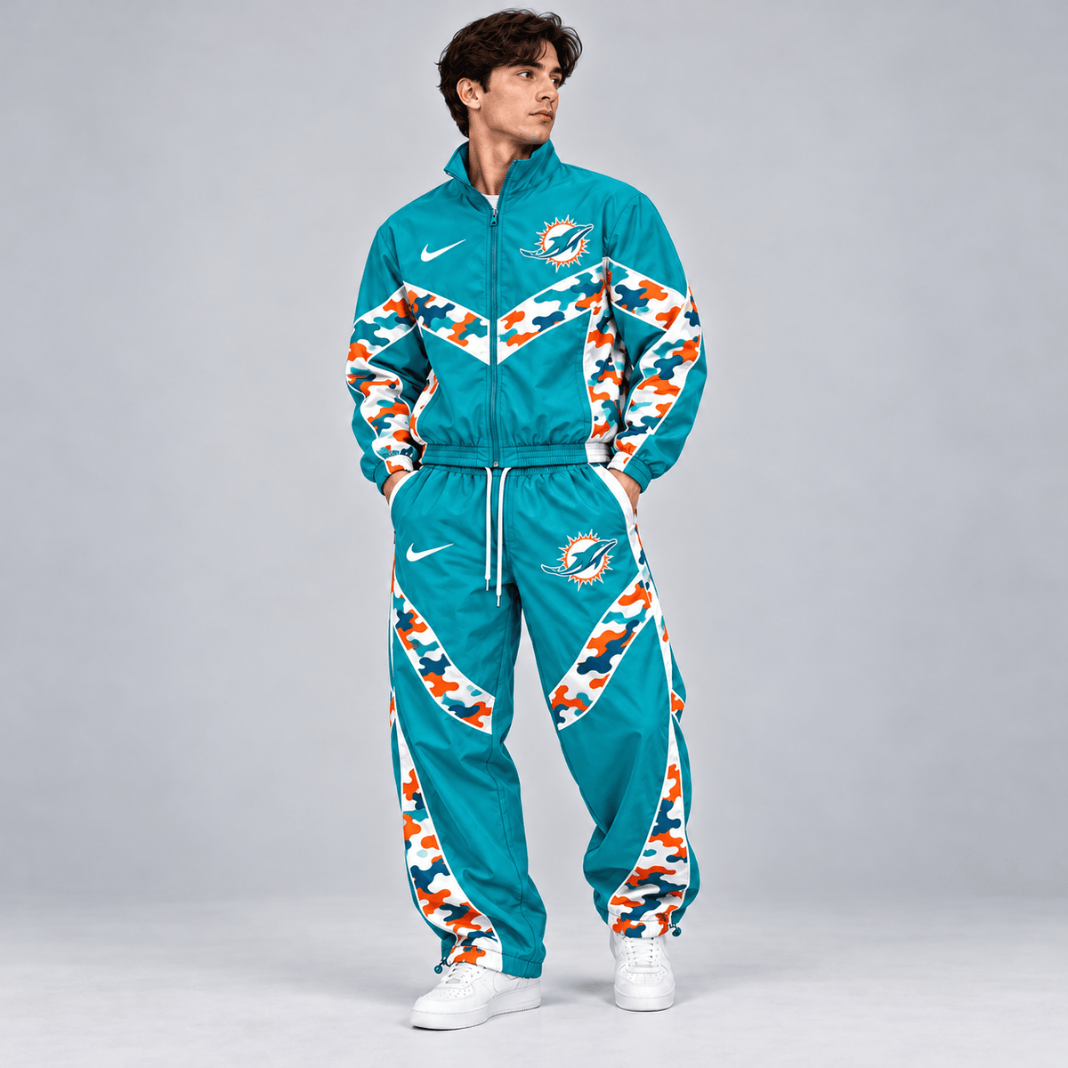 Miami Dolphins | Premium NFL Team Camo Colorblock Full Zip Tracksuit Jacket & Jogger Pants Set NDN cover