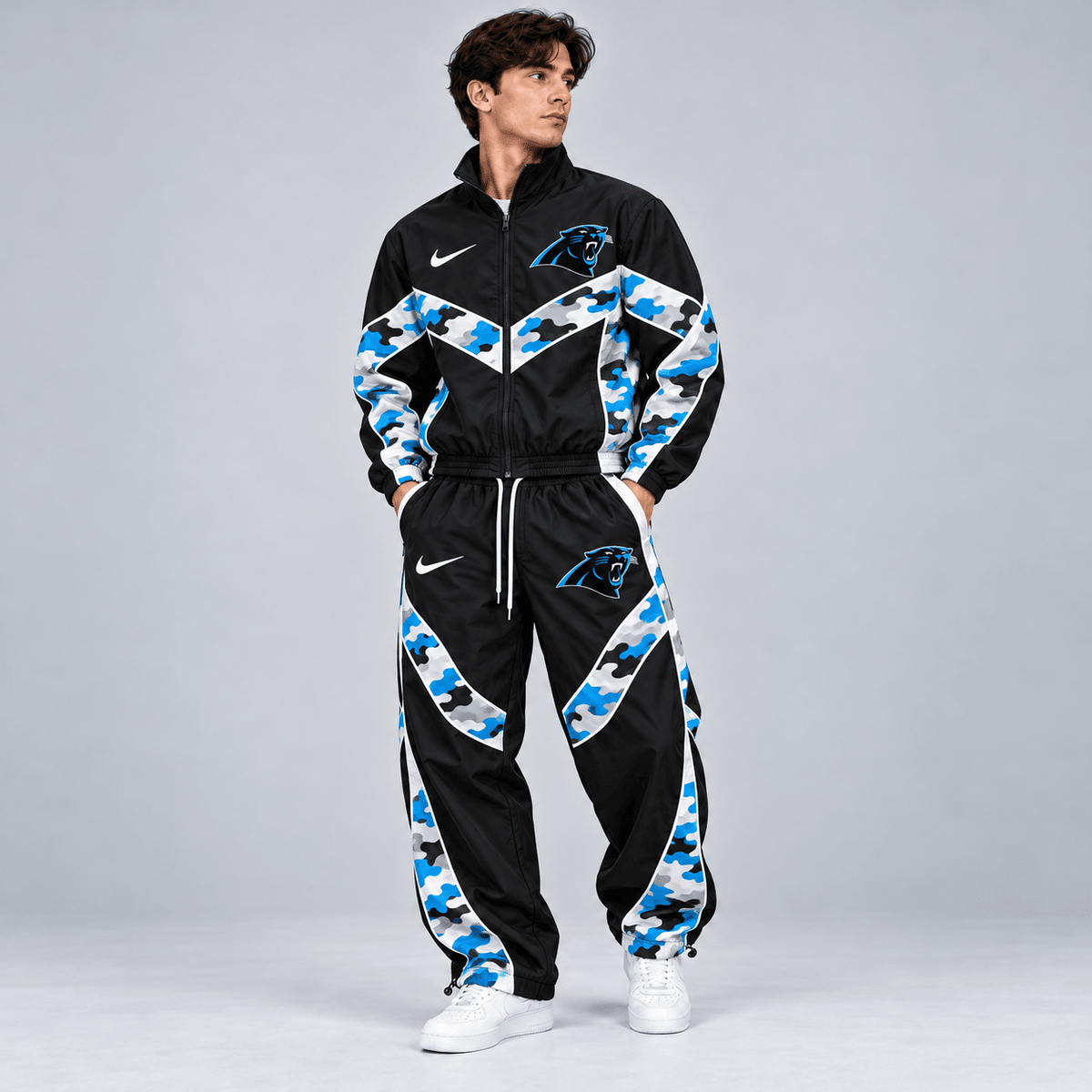 Carolina Panthers | Premium NFL Team Camo Colorblock Full Zip Tracksuit Jacket & Jogger Pants Set NDN cover
