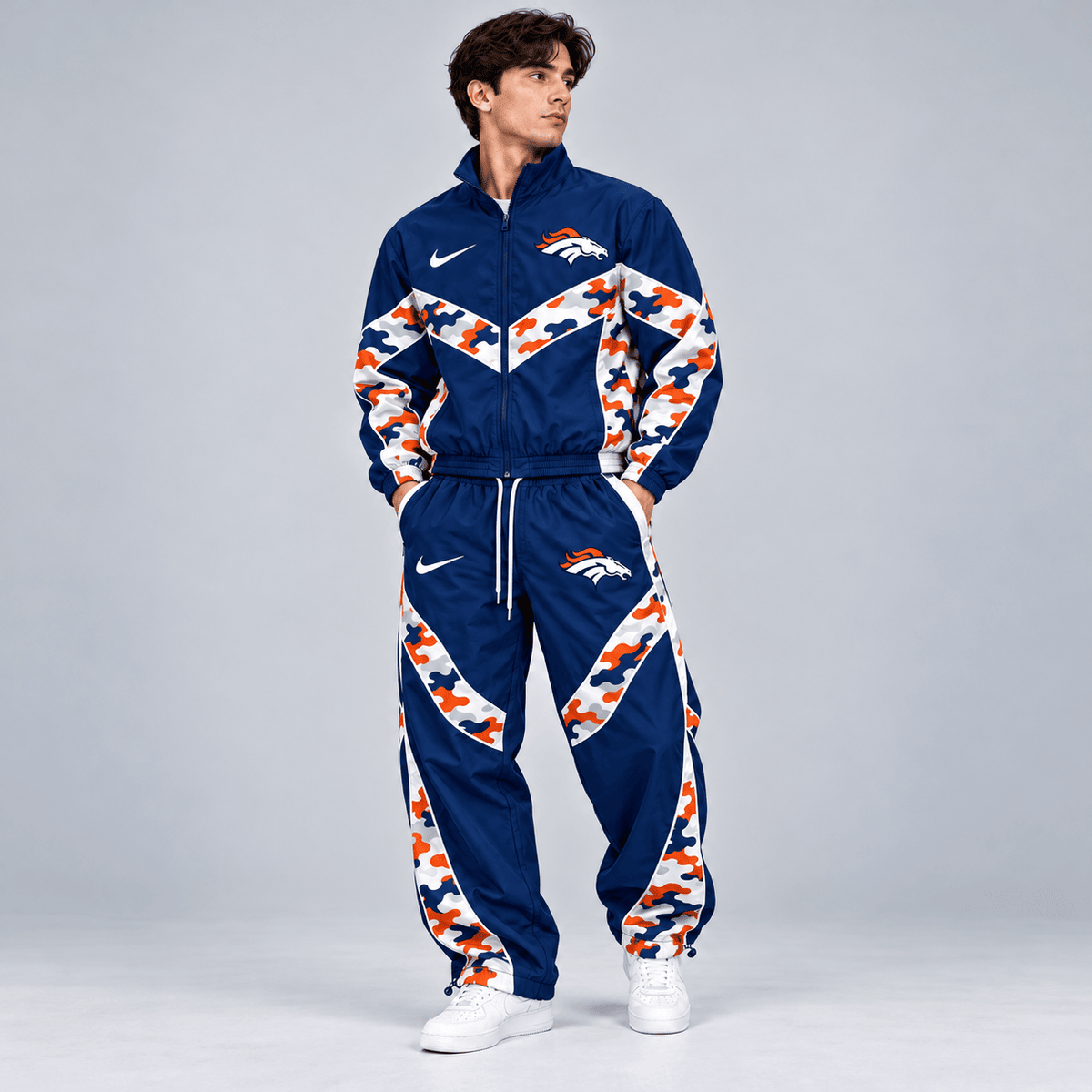 Denver Broncos | Premium NFL Team Camo Colorblock Full Zip Tracksuit Jacket & Jogger Pants Set NDN cover