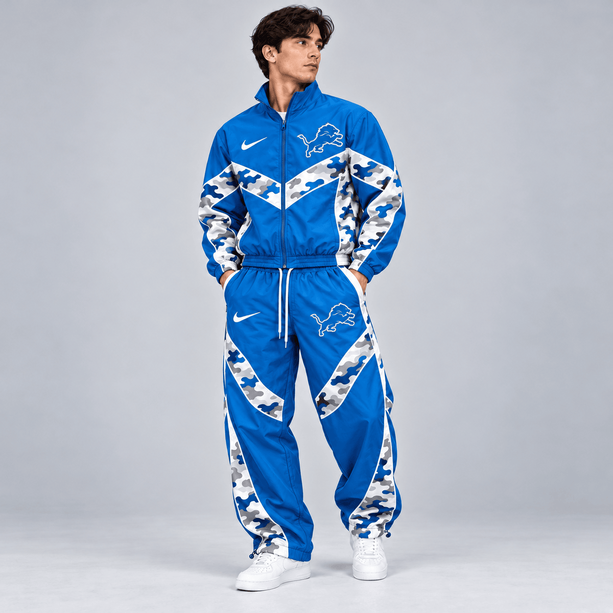 Detroit Lions | Premium NFL Team Camo Colorblock Full Zip Tracksuit Jacket & Jogger Pants Set NDN cover