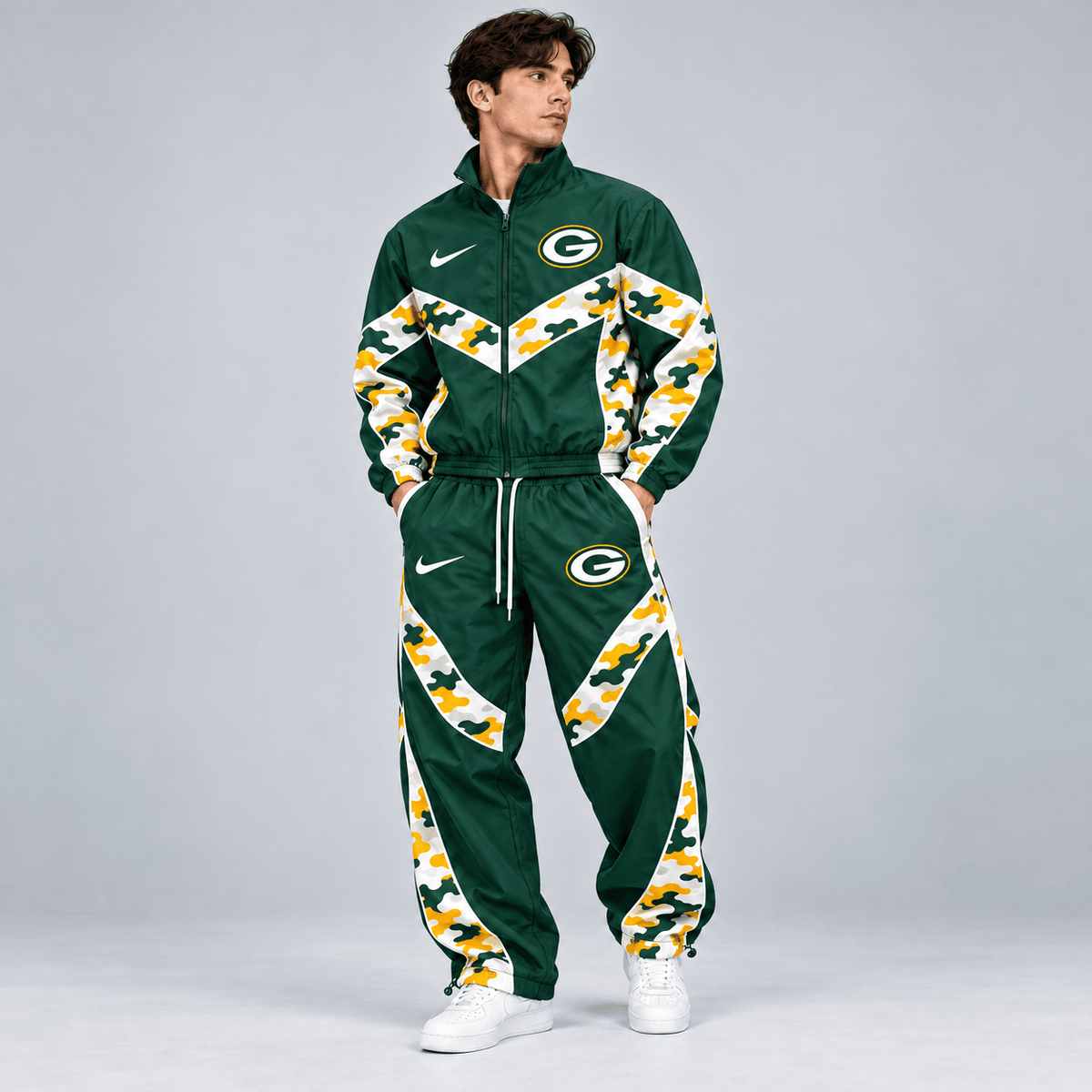 Green Bay Packers | Premium NFL Team Camo Colorblock Full Zip Tracksuit Jacket & Jogger Pants Set NDN cover