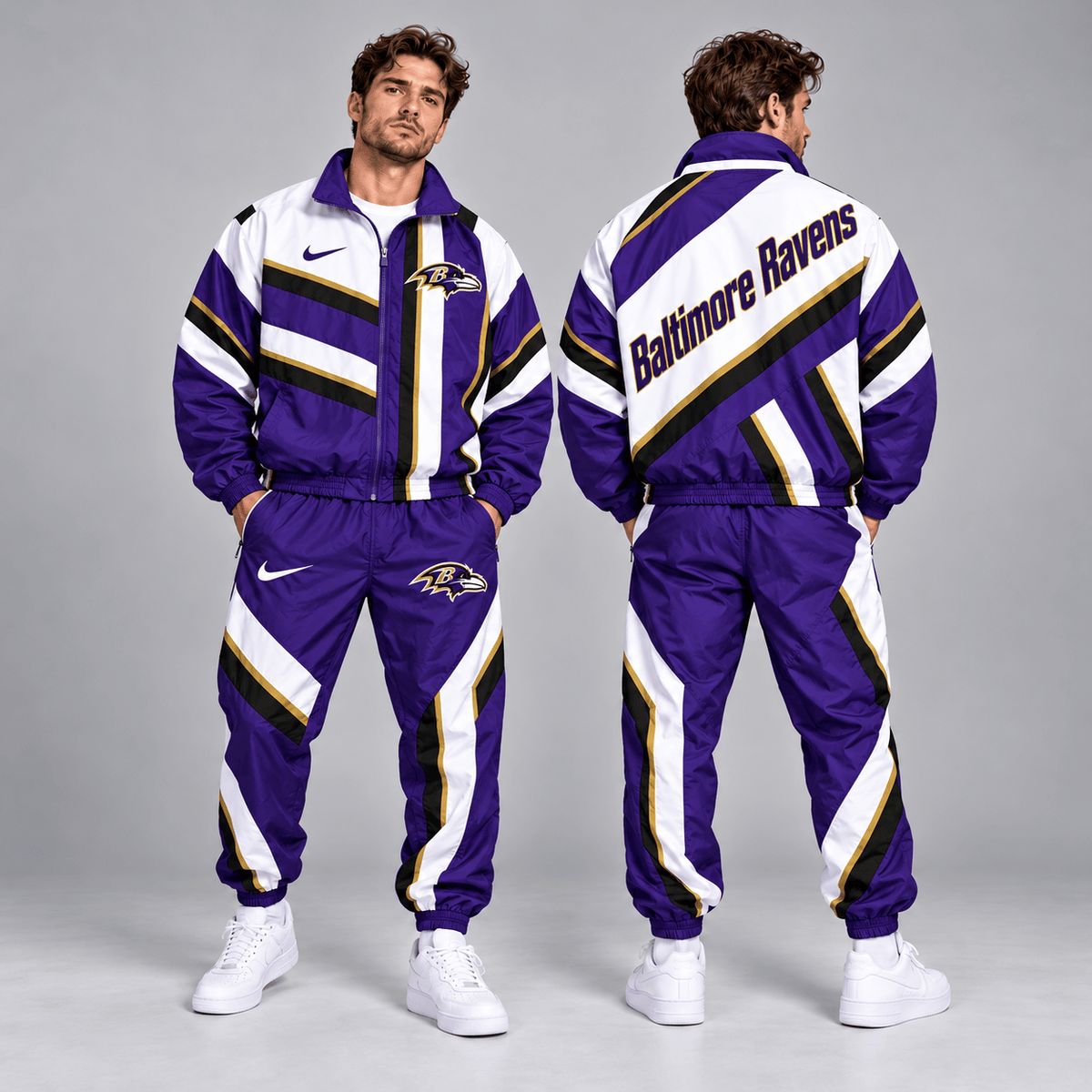 Baltimore Ravens | Premium NFL Retro Geometric Stripe Full Zip Windbreaker Jacket & Matching Jogger Pants Set NDN cover
