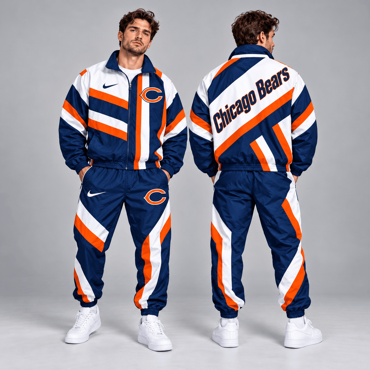 Chicago Bears | Premium NFL Retro Geometric Stripe Full Zip Windbreaker Jacket & Matching Jogger Pants Set NDN cover