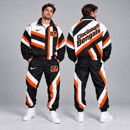 Cincinnati Bengals | Premium NFL Retro Geometric Stripe Full Zip Windbreaker Jacket & Matching Jogger Pants Set NDN cover