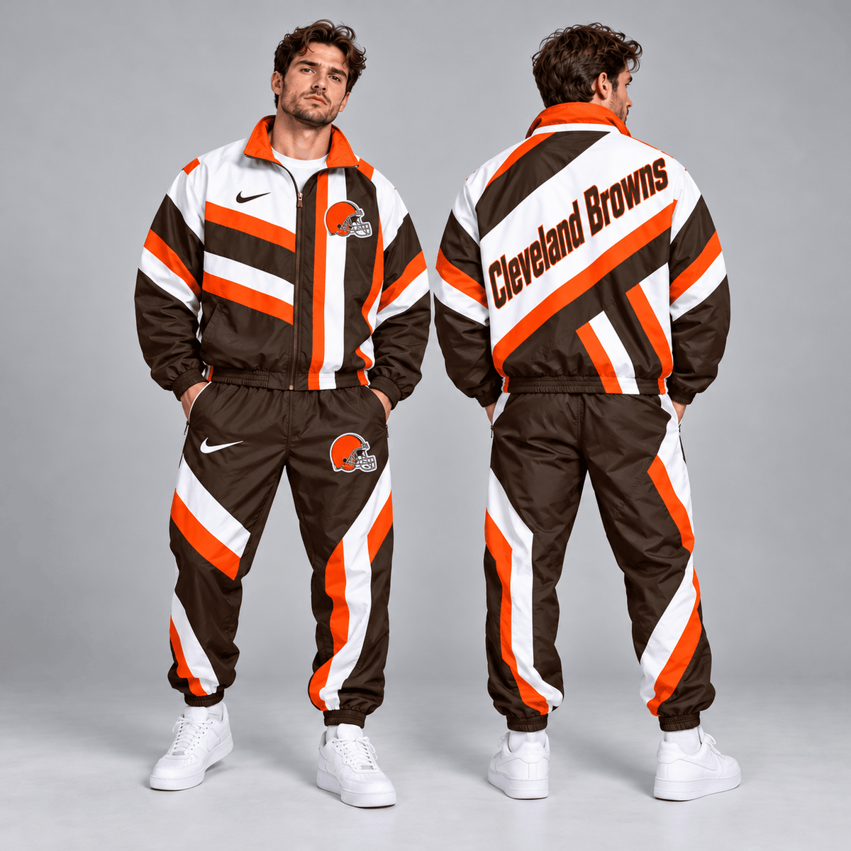 Cleveland Browns | Premium NFL Retro Geometric Stripe Full Zip Windbreaker Jacket & Matching Jogger Pants Set NDN cover
