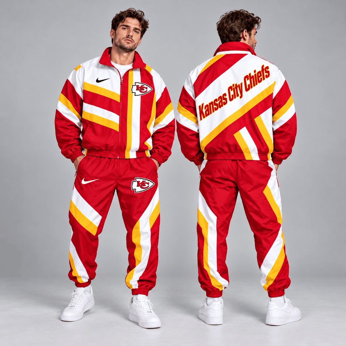 Kansas City Chiefs | Premium NFL Retro Geometric Stripe Full Zip Windbreaker Jacket & Matching Jogger Pants Set NDN cover