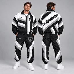 Las Vegas Raiders | Premium NFL Retro Geometric Stripe Full Zip Windbreaker Jacket & Matching Jogger Pants Set NDN cover