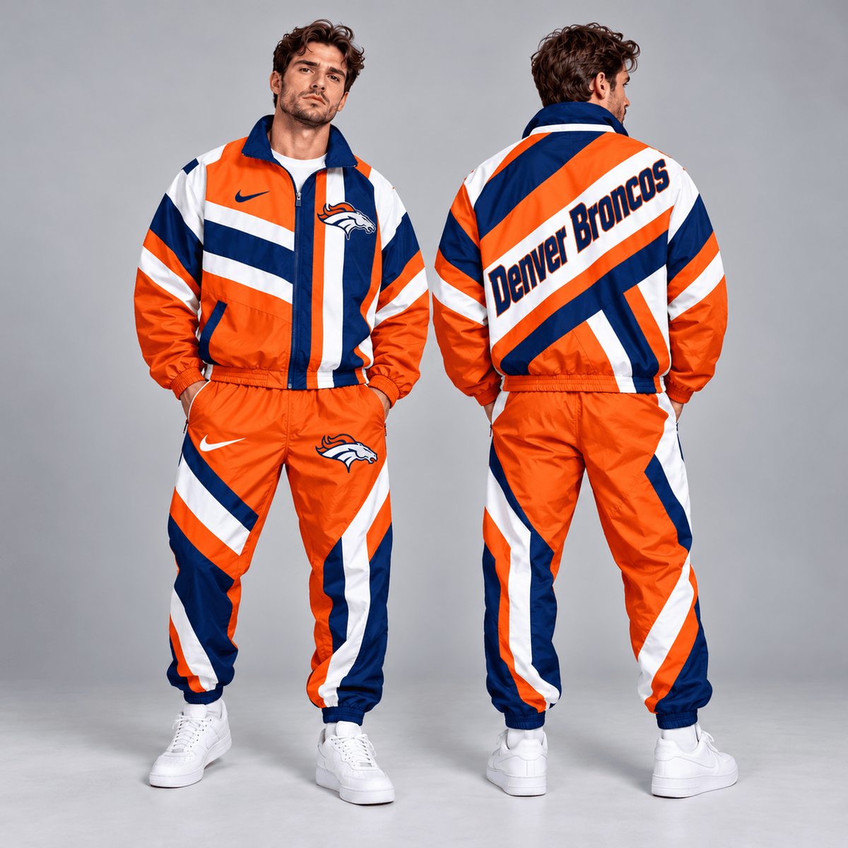 Denver Broncos | Premium NFL Retro Geometric Stripe Full Zip Windbreaker Jacket & Matching Jogger Pants Set NDN cover