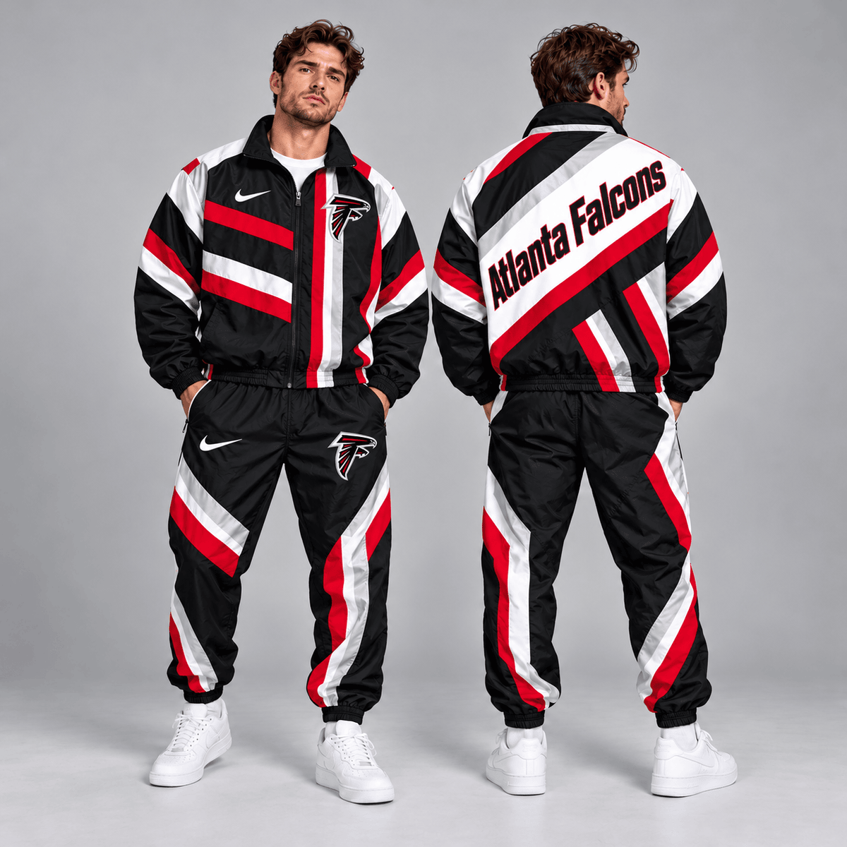 Atlanta Falcons | Premium NFL Retro Geometric Stripe Full Zip Windbreaker Jacket & Matching Jogger Pants Set NDN cover