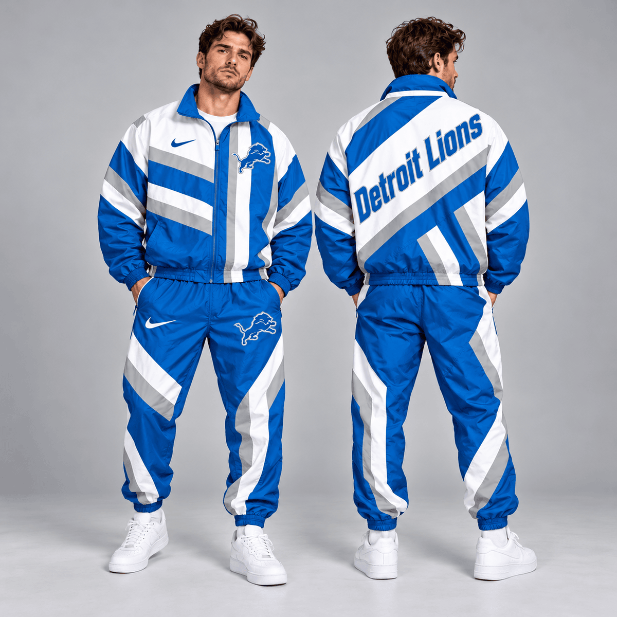 Detroit Lions | Premium NFL Retro Geometric Stripe Full Zip Windbreaker Jacket & Matching Jogger Pants Set NDN cover