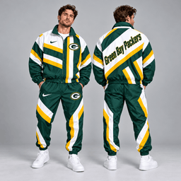 Green Bay Packers | Premium NFL Retro Geometric Stripe Full Zip Windbreaker Jacket & Matching Jogger Pants Set NDN cover