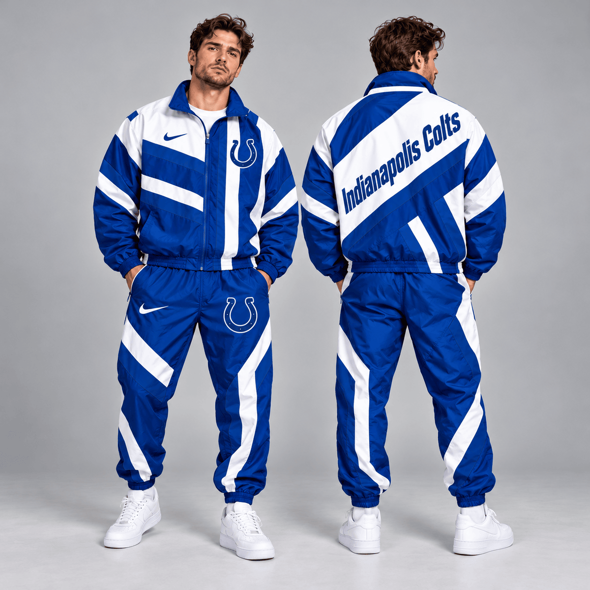 Indianapolis Colts | Premium NFL Retro Geometric Stripe Full Zip Windbreaker Jacket & Matching Jogger Pants Set NDN cover