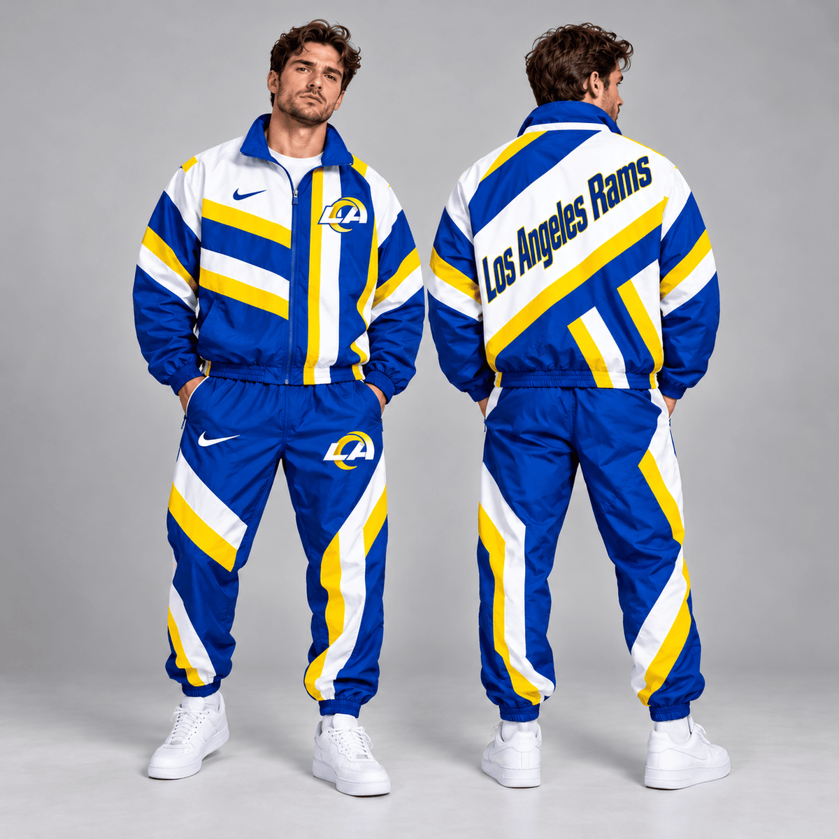 Los Angeles Rams | Premium NFL Retro Geometric Stripe Full Zip Windbreaker Jacket & Matching Jogger Pants Set NDN cover