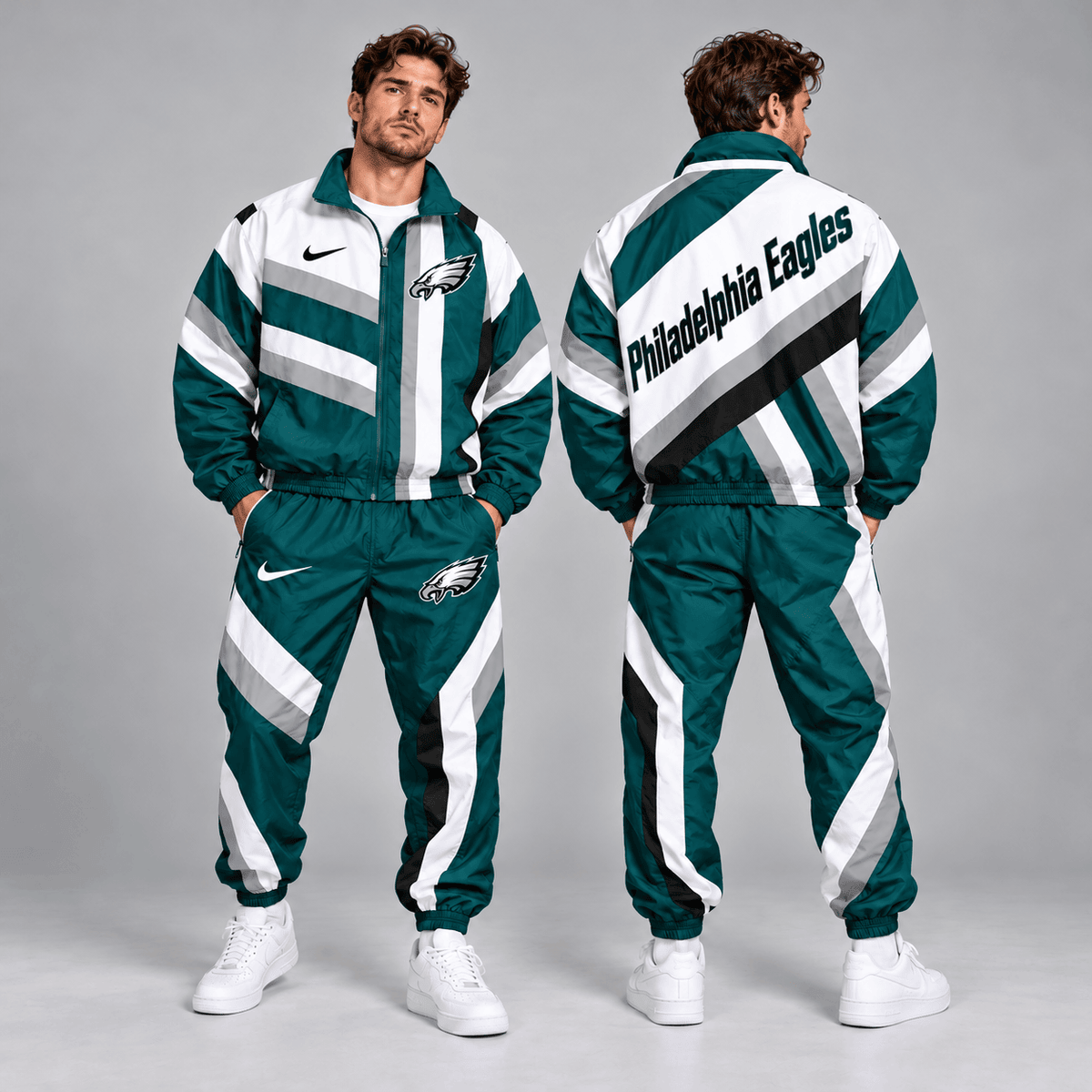 Philadelphia Eagles | Premium NFL Retro Geometric Stripe Full Zip Windbreaker Jacket & Matching Jogger Pants Set NDN cover
