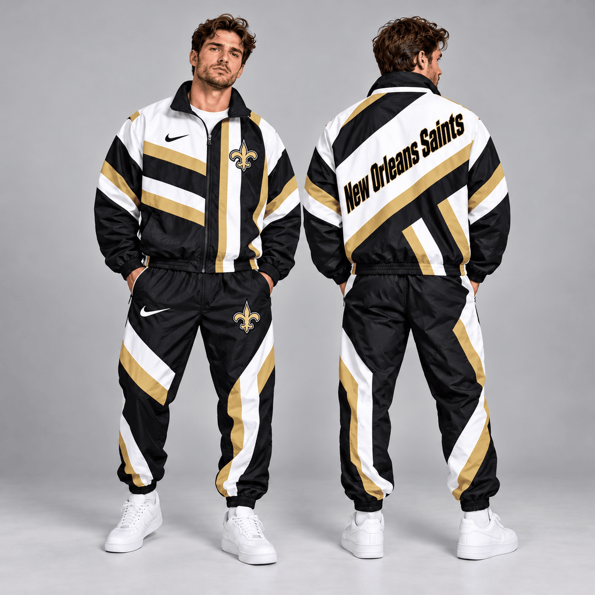 New Orleans Saints | Premium NFL Retro Geometric Stripe Full Zip Windbreaker Jacket & Matching Jogger Pants Set NDN cover