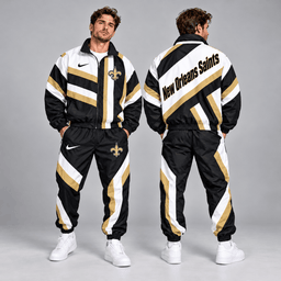 New Orleans Saints | Premium NFL Retro Geometric Stripe Full Zip Windbreaker Jacket & Matching Jogger Pants Set NDN cover