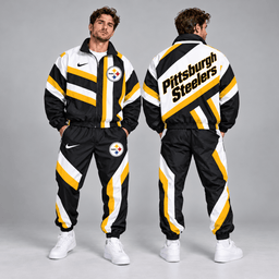 Pittsburgh Steelers | Premium NFL Retro Geometric Stripe Full Zip Windbreaker Jacket & Matching Jogger Pants Set NDN cover