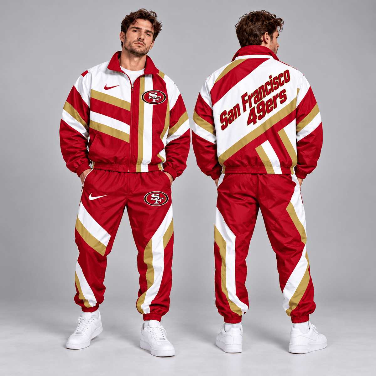 San Francisco 49ers | Premium NFL Retro Geometric Stripe Full Zip Windbreaker Jacket & Matching Jogger Pants Set NDN cover