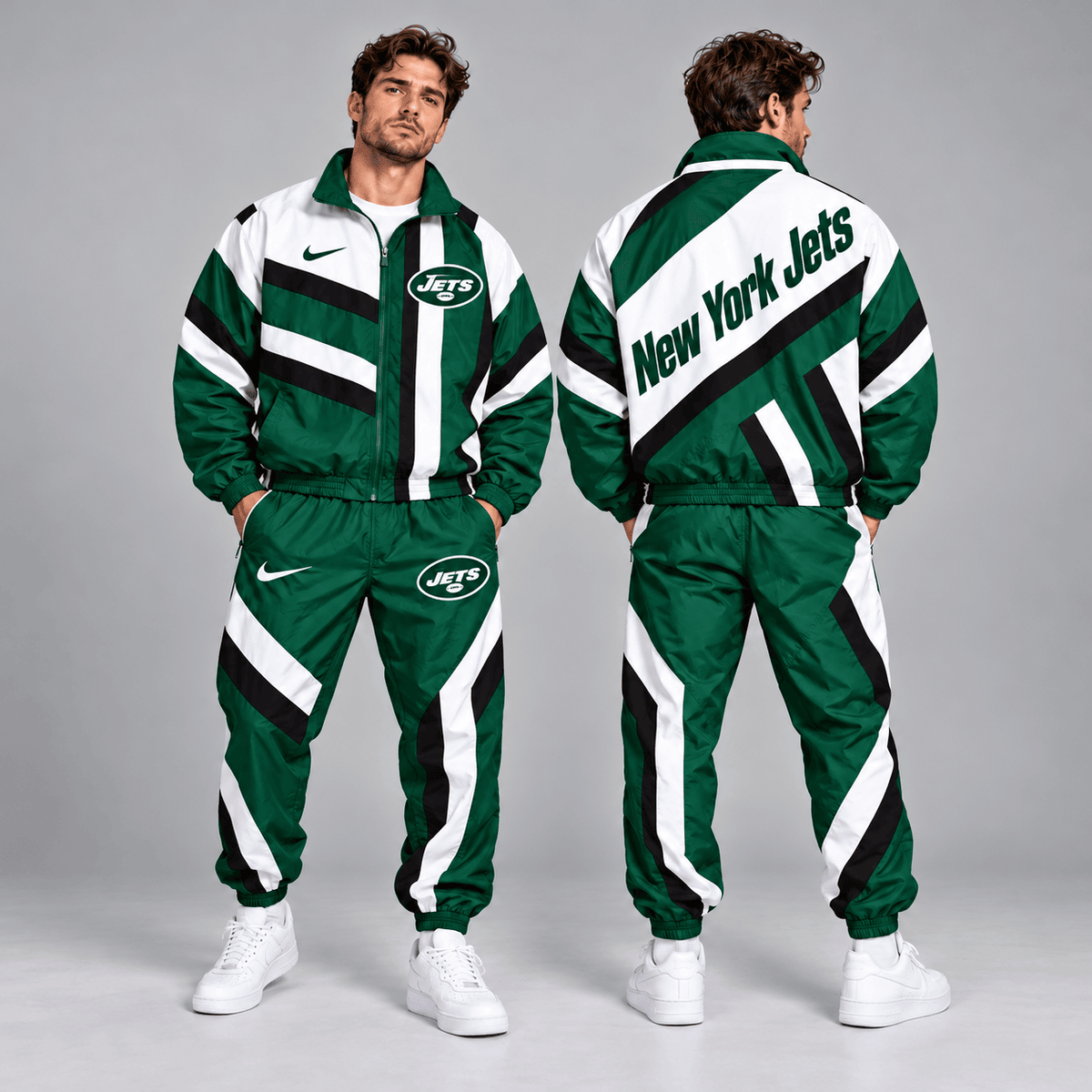 New York Jets | Premium NFL Retro Geometric Stripe Full Zip Windbreaker Jacket & Matching Jogger Pants Set NDN cover
