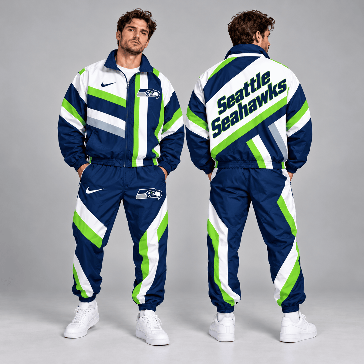 Seattle Seahawks | Premium NFL Retro Geometric Stripe Full Zip Windbreaker Jacket & Matching Jogger Pants Set NDN cover
