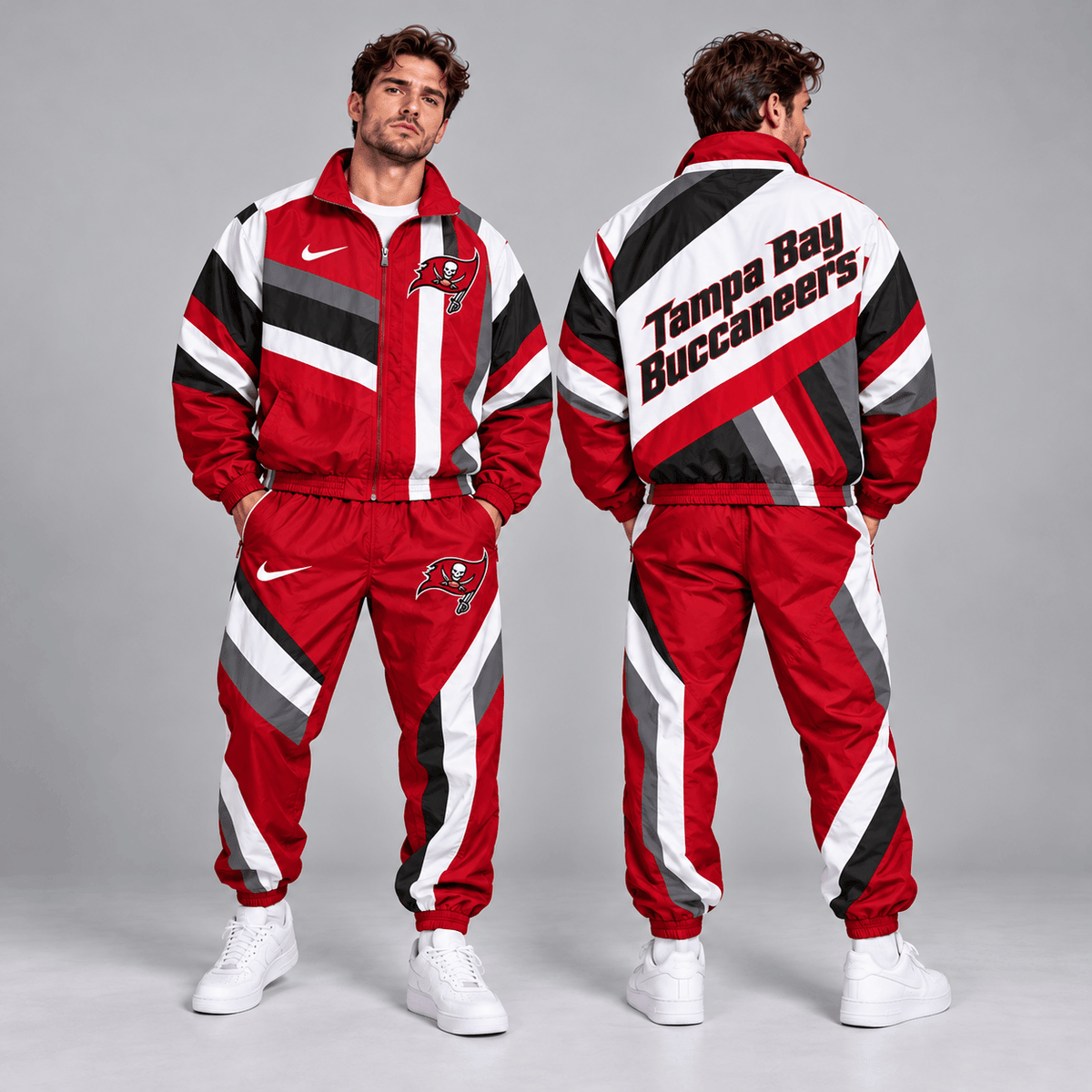Tampa Bay Buccaneers | Premium NFL Retro Geometric Stripe Full Zip Windbreaker Jacket & Matching Jogger Pants Set NDN cover