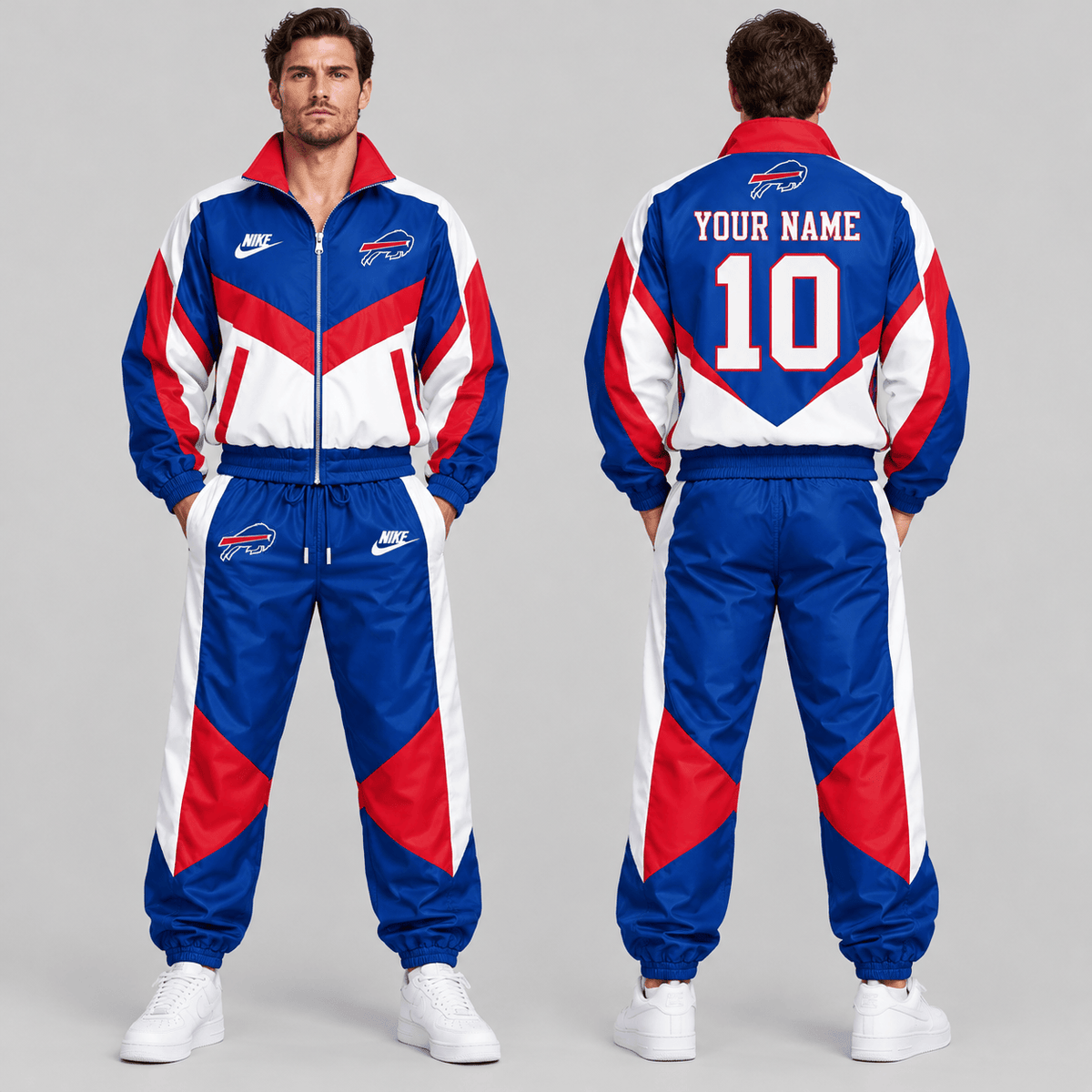 Buffalo Bills | Premium NFL Custom Name Number Chevron Colorblock Zip Up Jacket & Matching Jogger Tracksuit NDN cover