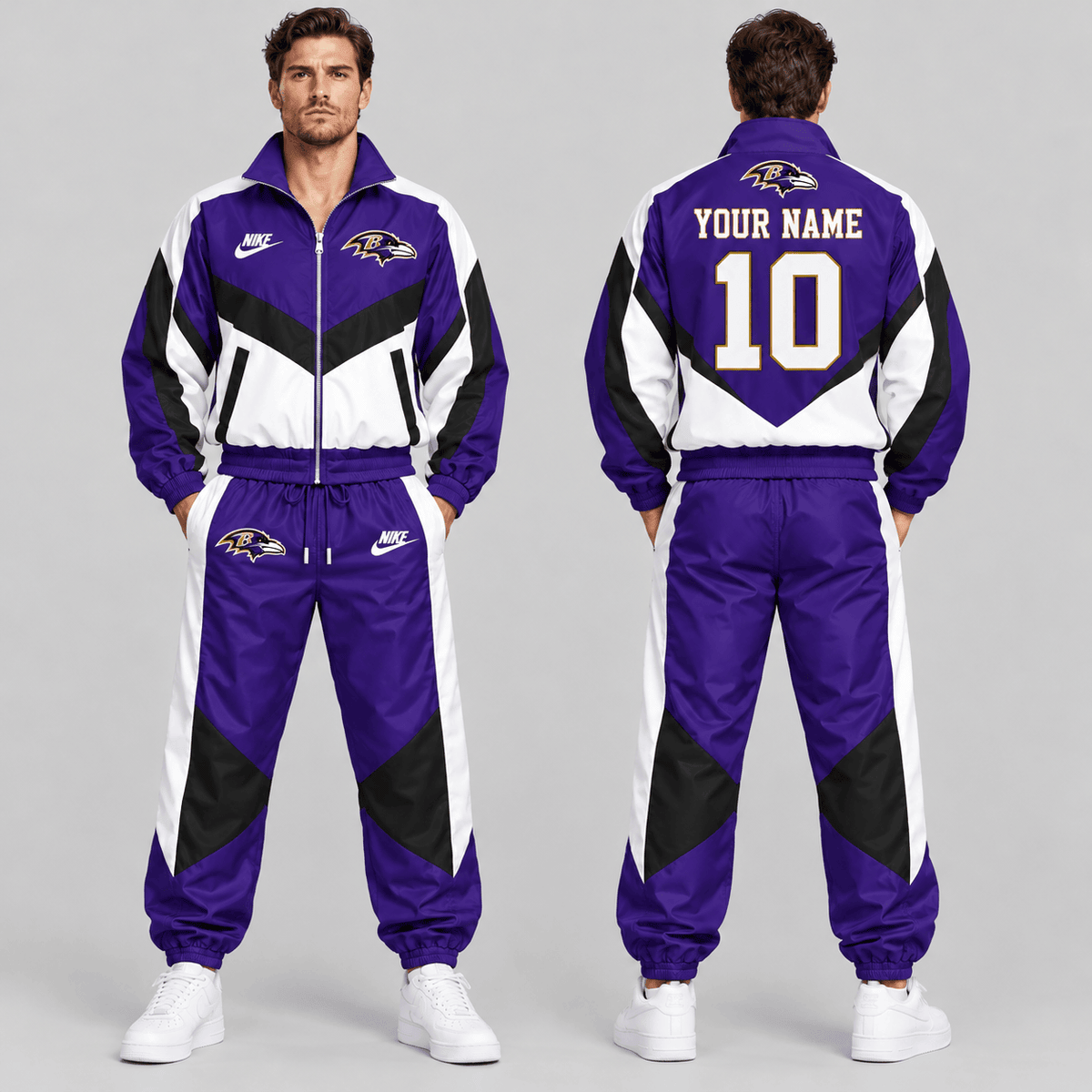 Baltimore Ravens | Premium NFL Custom Name Number Chevron Colorblock Zip Up Jacket & Matching Jogger Tracksuit NDN cover
