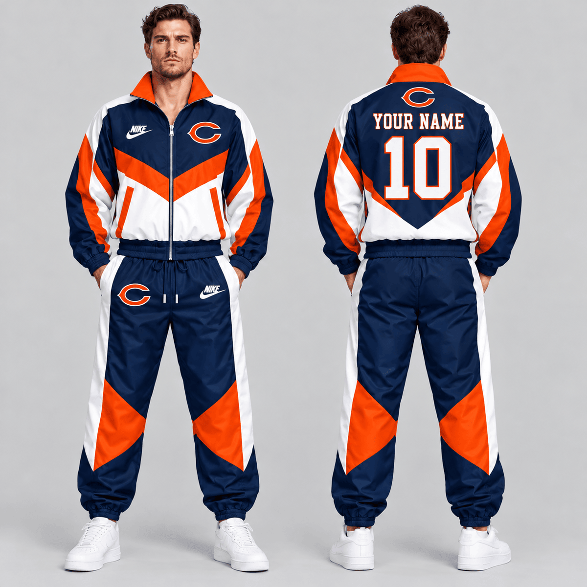 Chicago Bears | Premium NFL Custom Name Number Chevron Colorblock Zip Up Jacket & Matching Jogger Tracksuit NDN cover