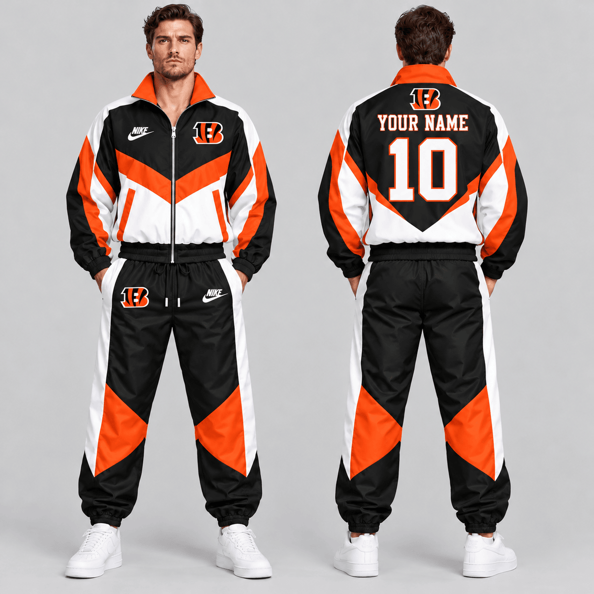 Cincinnati Bengals | Premium NFL Custom Name Number Chevron Colorblock Zip Up Jacket & Matching Jogger Tracksuit NDN cover
