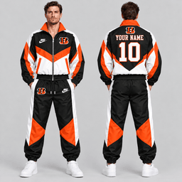 Cincinnati Bengals | Premium NFL Custom Name Number Chevron Colorblock Zip Up Jacket & Matching Jogger Tracksuit NDN cover