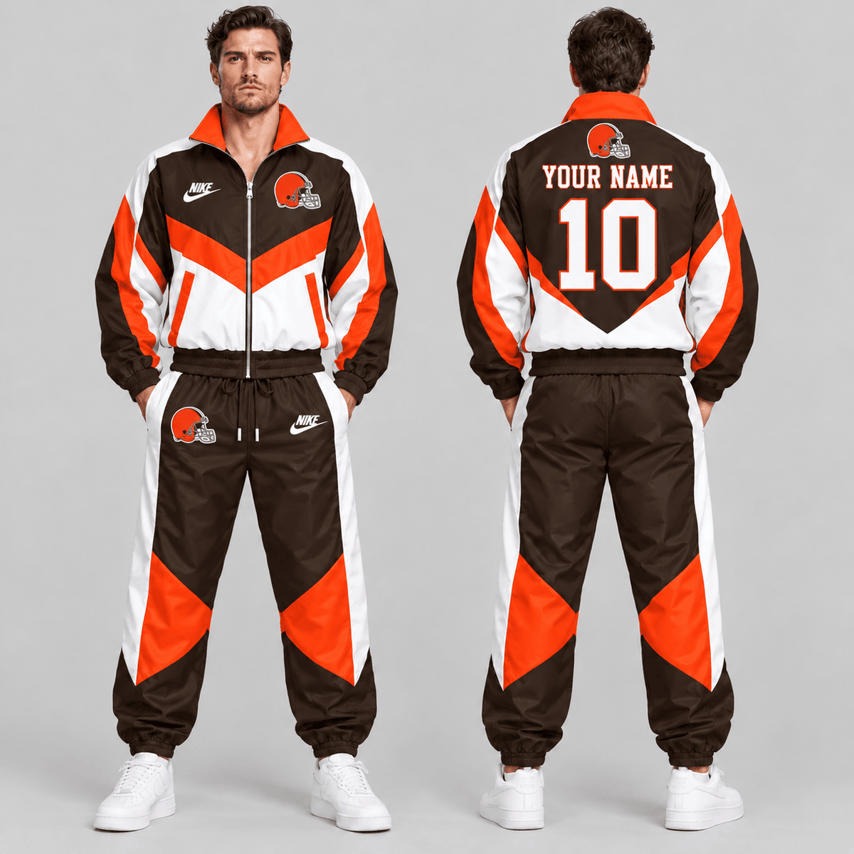 Cleveland Browns | Premium NFL Custom Name Number Chevron Colorblock Zip Up Jacket & Matching Jogger Tracksuit NDN cover