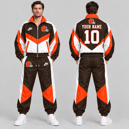 Cleveland Browns | Premium NFL Custom Name Number Chevron Colorblock Zip Up Jacket & Matching Jogger Tracksuit NDN cover