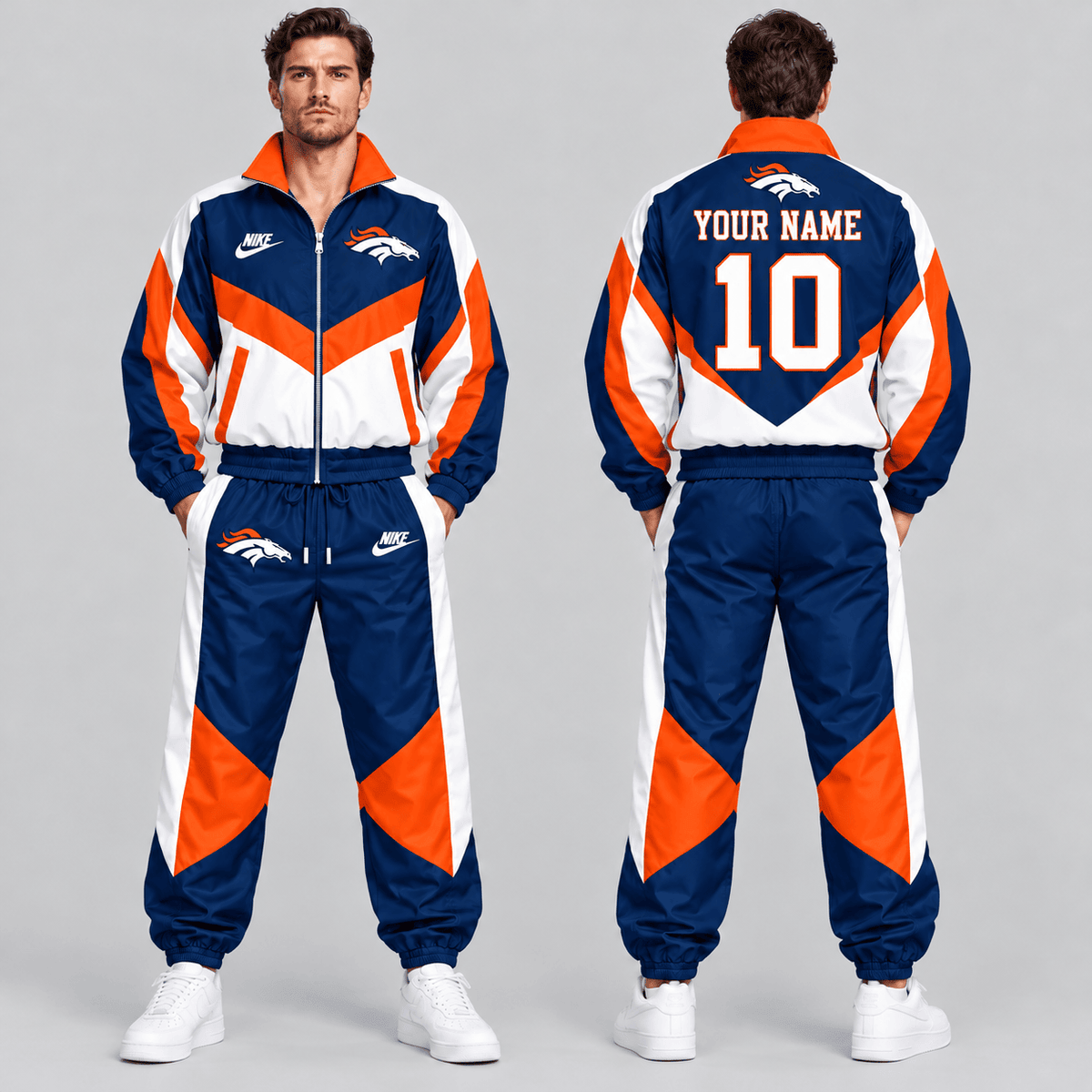 Denver Broncos | Premium NFL Custom Name Number Chevron Colorblock Zip Up Jacket & Matching Jogger Tracksuit NDN cover